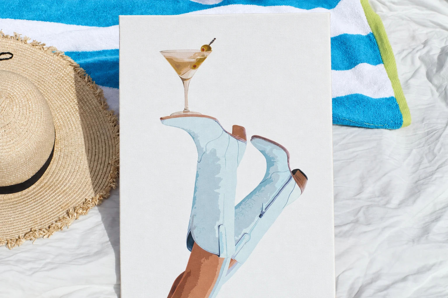 Blue Cowgirl Boots Canvas: blue boots with a cocktail illustration