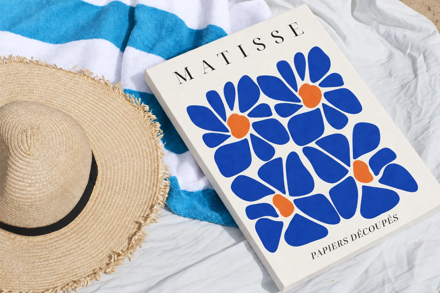 Blue Matisse Canvas: bold cobalt flowers with orange centres